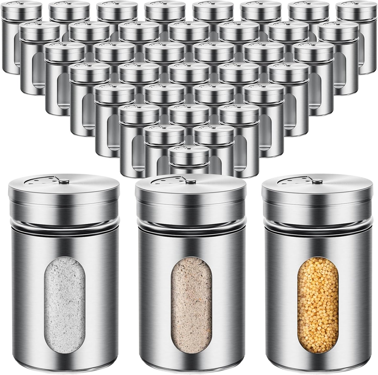 Dandat 36 Pcs Salt and Pepper Shakers Stainless Steel Spice Shakers with Adjustable Pour Holes and Glass Window 3.4oz Salt Dispenser Spice Jars with Rotating Lids for Sugar Seasoning Home