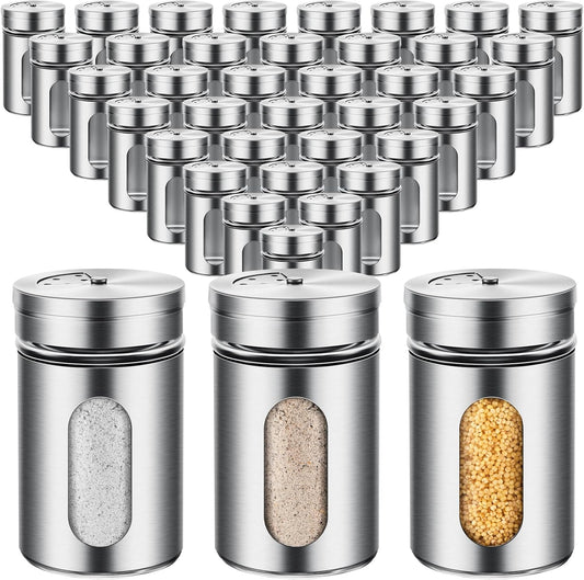 Dandat 36 Pcs Salt and Pepper Shakers Stainless Steel Spice Shakers with Adjustable Pour Holes and Glass Window 3.4oz Salt Dispenser Spice Jars with Rotating Lids for Sugar Seasoning Home