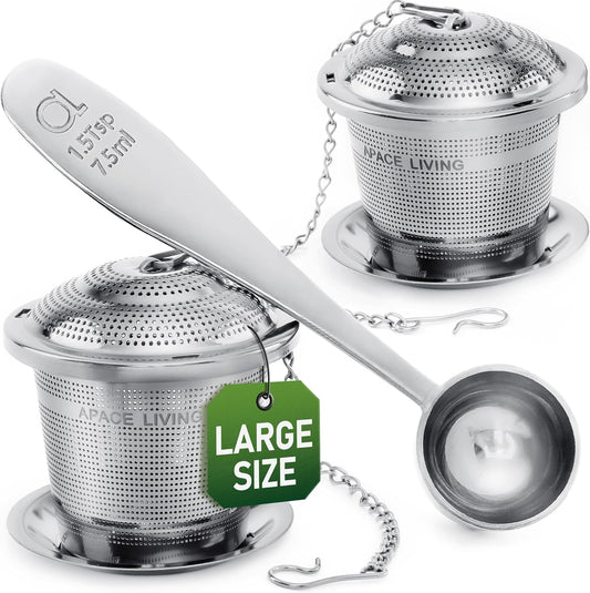 Large Tea Infuser (Set of 2) with Tea Scoop and Drip Trays by Apace – Multi Cup Size Stainless Steel Loose Leaf Tea Strainer and Steeper