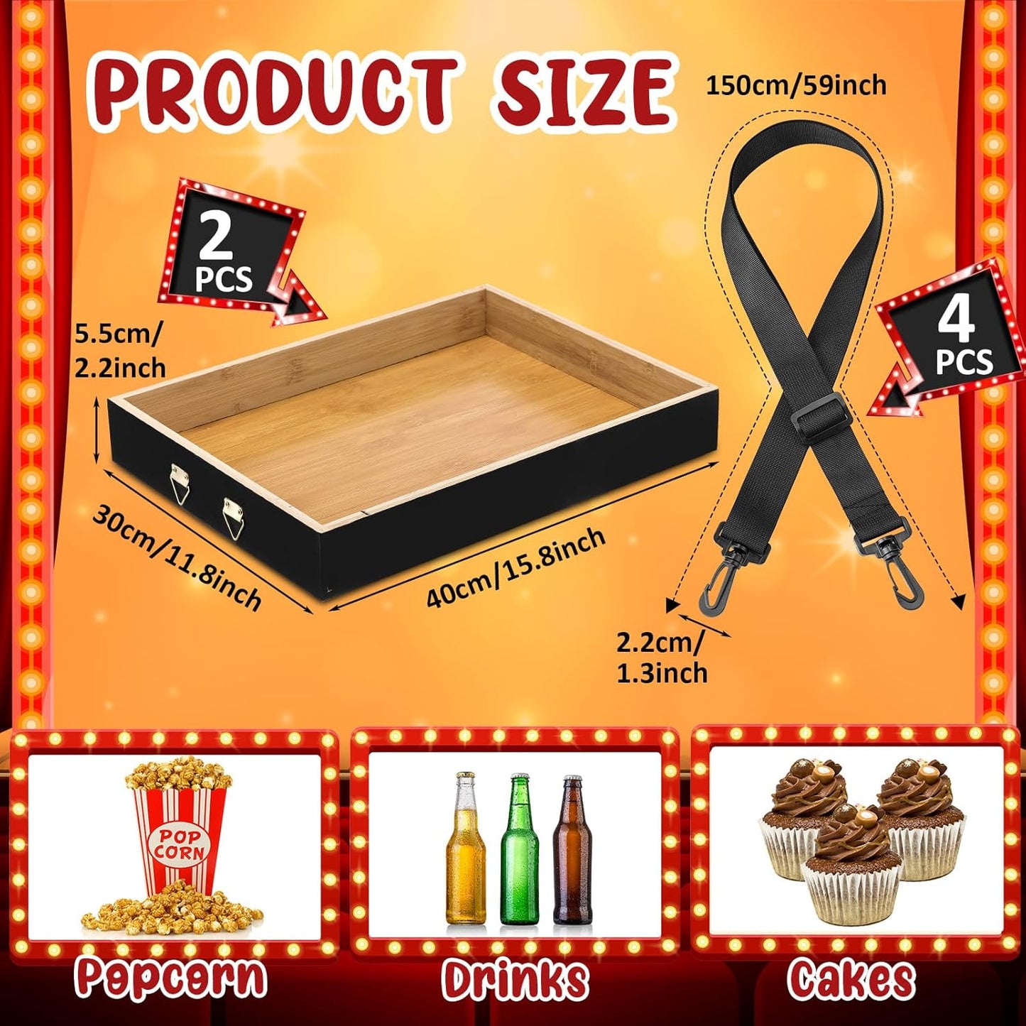 Marsui 2 Pcs Halloween Snack Trays with Straps 15 x 11 x 2 Inch Wooden Movie Night Snack Drink Trays Vendor Usherette Popcorn Drink Beverage Carrier for 20's Theme Carnival Party Costume(Black)