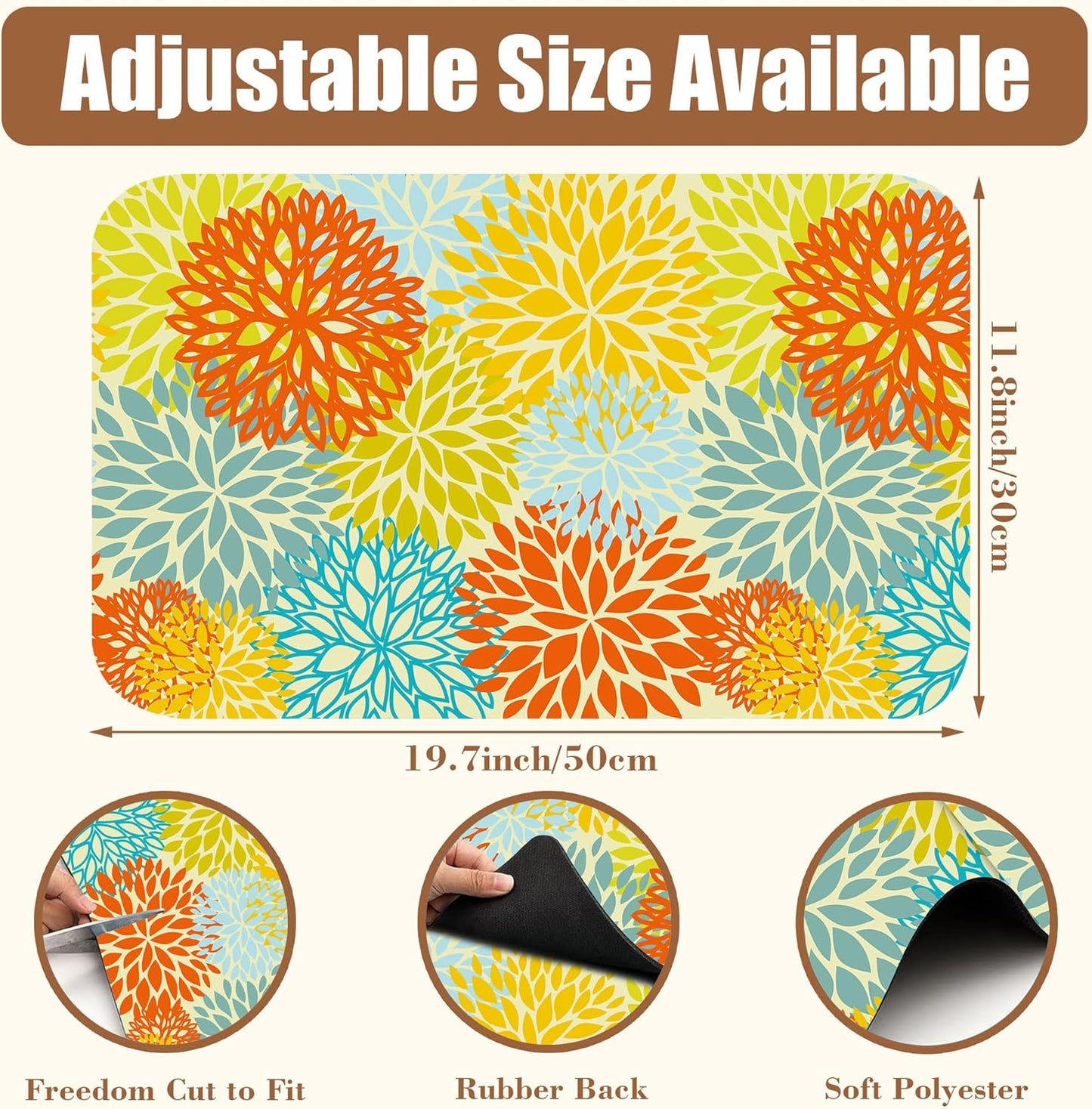 Orange and Blue Chrysanthemum Flower Coffee Mat Absorbent Dish Drying Mat Hide Stain Rubber Backed Coffee Bar Accessories Fit Under Espresso Machine Cafe Table 11.8 x 19.7 Inch