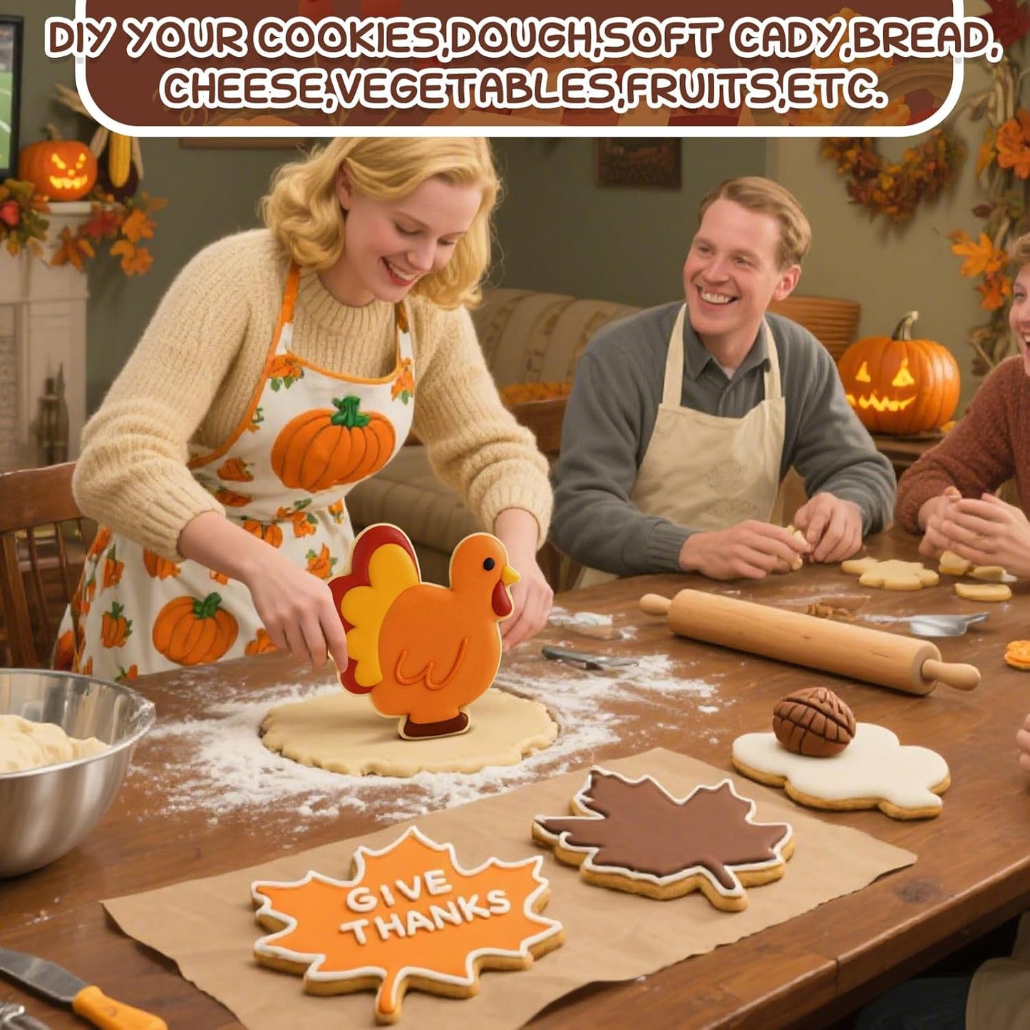 3 Pcs Large Thanksgiving Cookie Cutters Set 8 Inch Extra Large Pumpkin Maple Leaves Turkey Shapes Stainless Steel Metal Cookie Cutters Molds for Thanksgiving Baking Party Kitchen Accessories