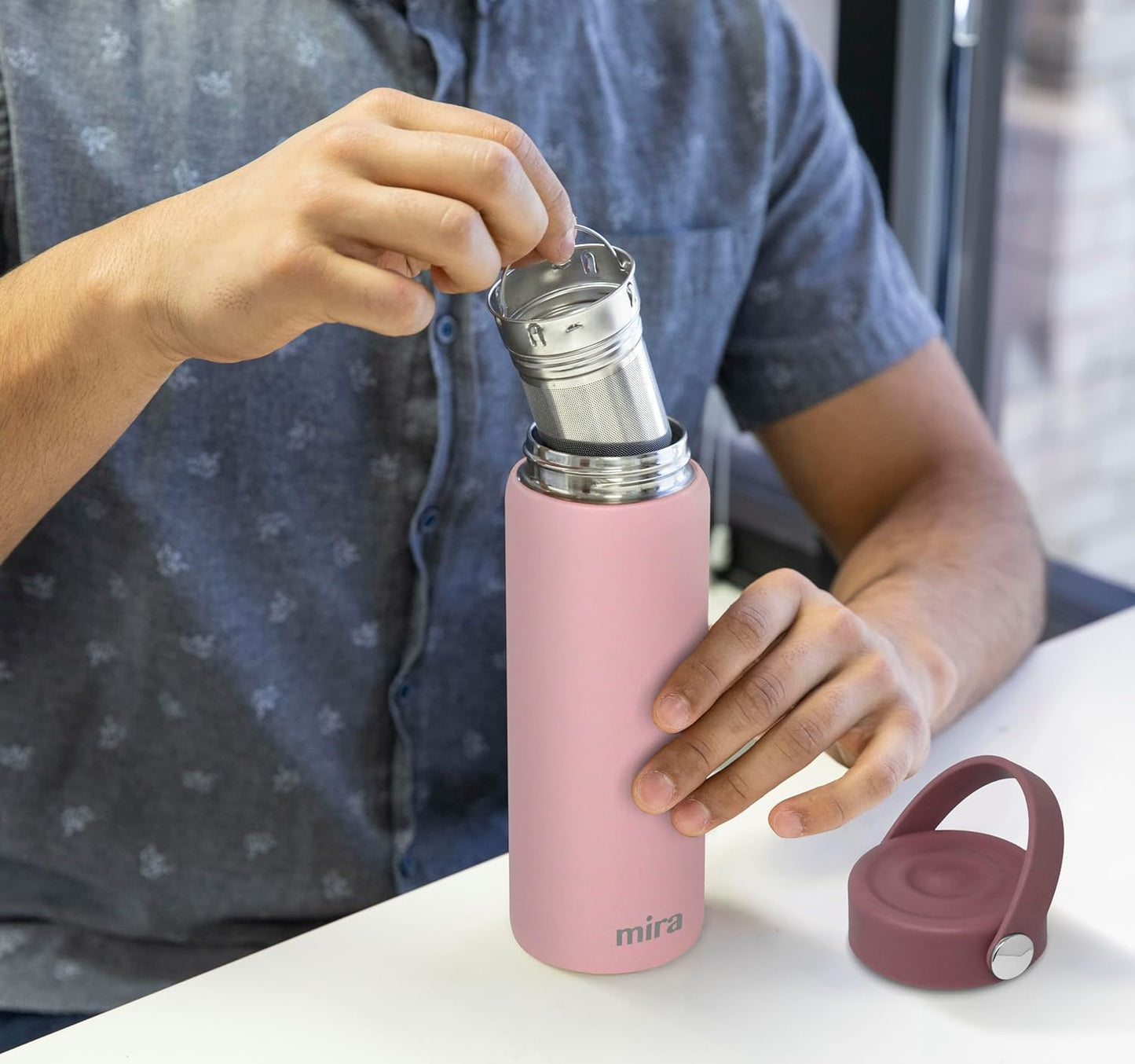 MIRA 18 oz Tea Infuser Thermos - Stainless Steel Travel Bottle with Removable Strainer for Loose Leaf Tea - Insulated Hot & Cold Brew Steeper - Punch Pink