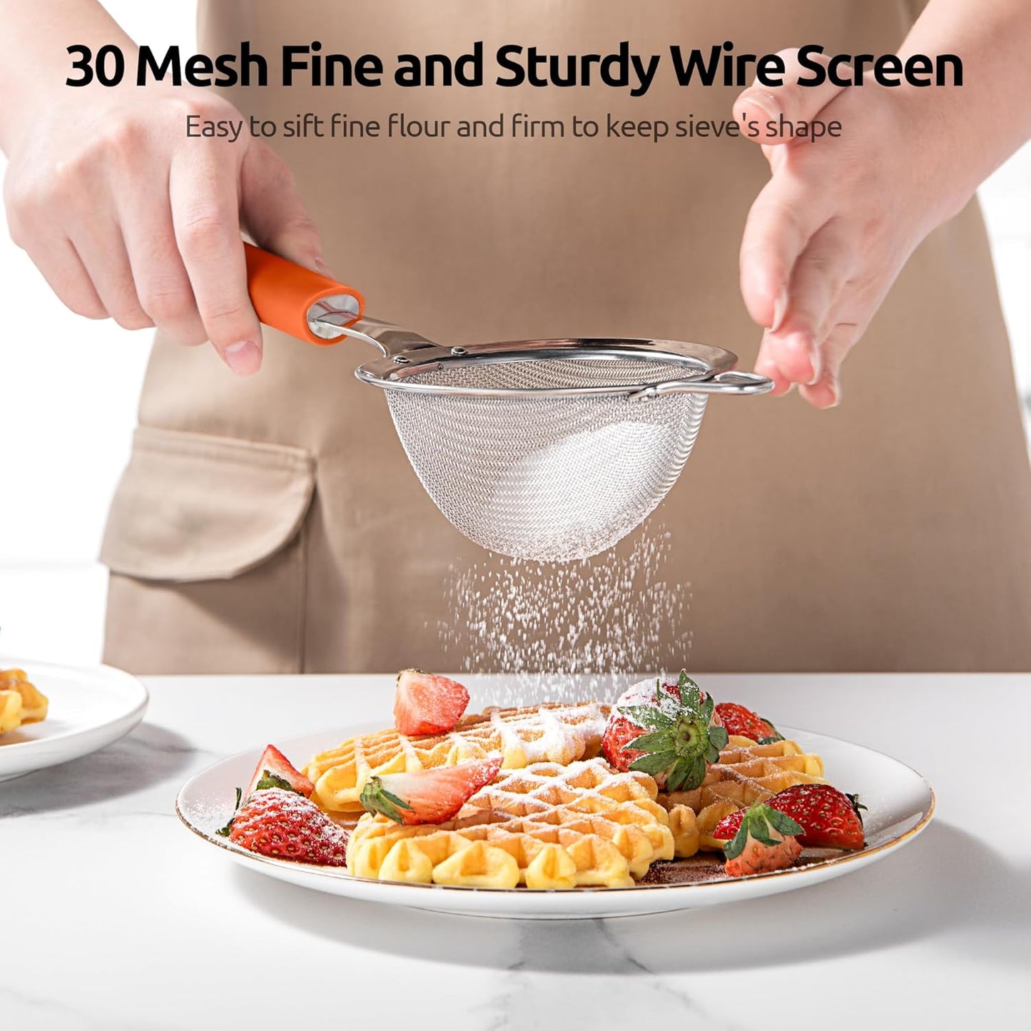 U-Taste Small Fine Mesh Strainer: 18/8 Stainless Steel 3.35in 30 Mesh Kitchen Food Sieve with Sturdy Riveted Silicone Handle, Heavy Duty Deep Handheld Metal Colander for Tea, Juice (Orange)