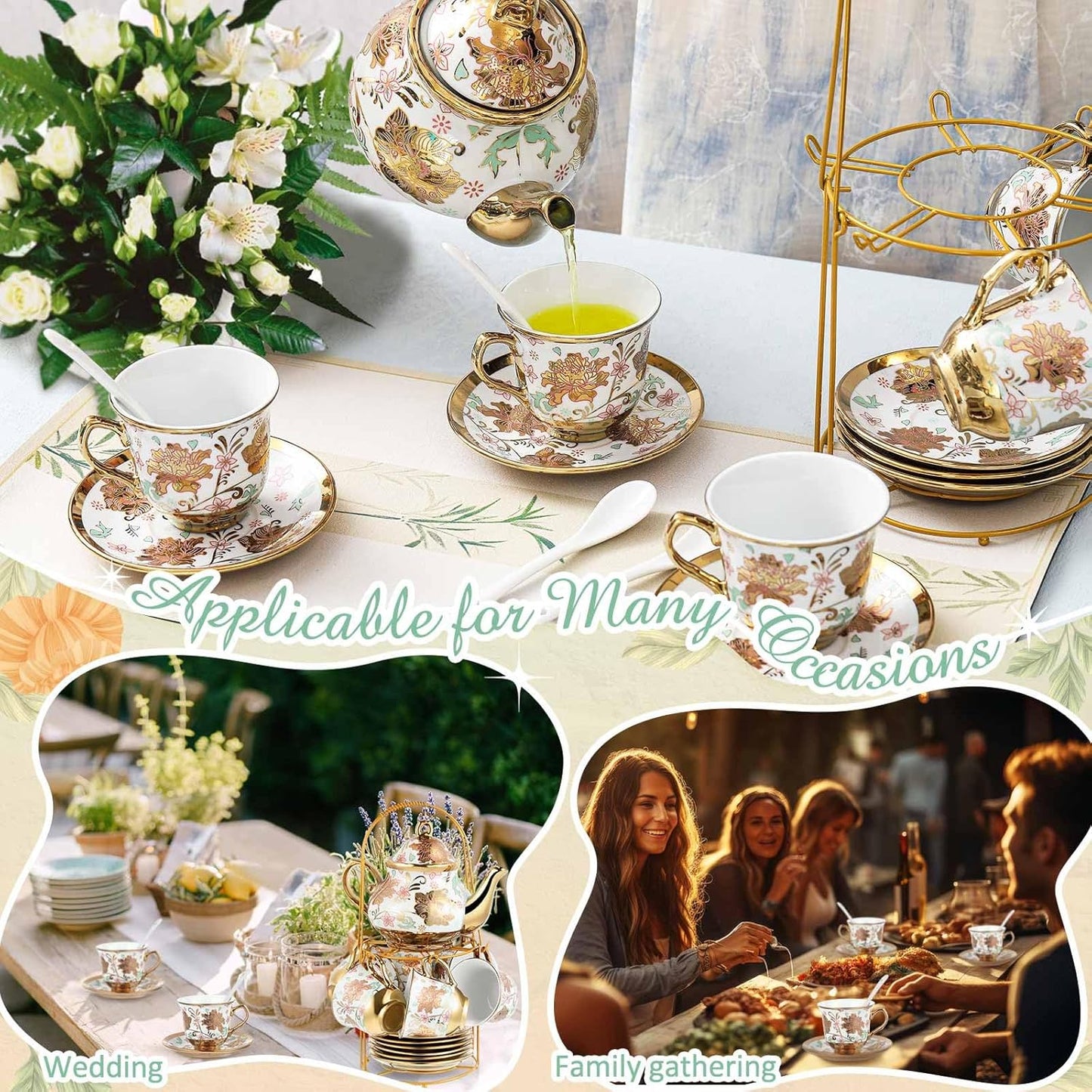 Zhehao 20 Pcs Porcelain Tea Set with Metal Holder and Spoon Adult Ceramic Tea Party Set European Flower Painting Teapot Cup Saucer Spoon Set for Women, Large Version(Elegant Style)