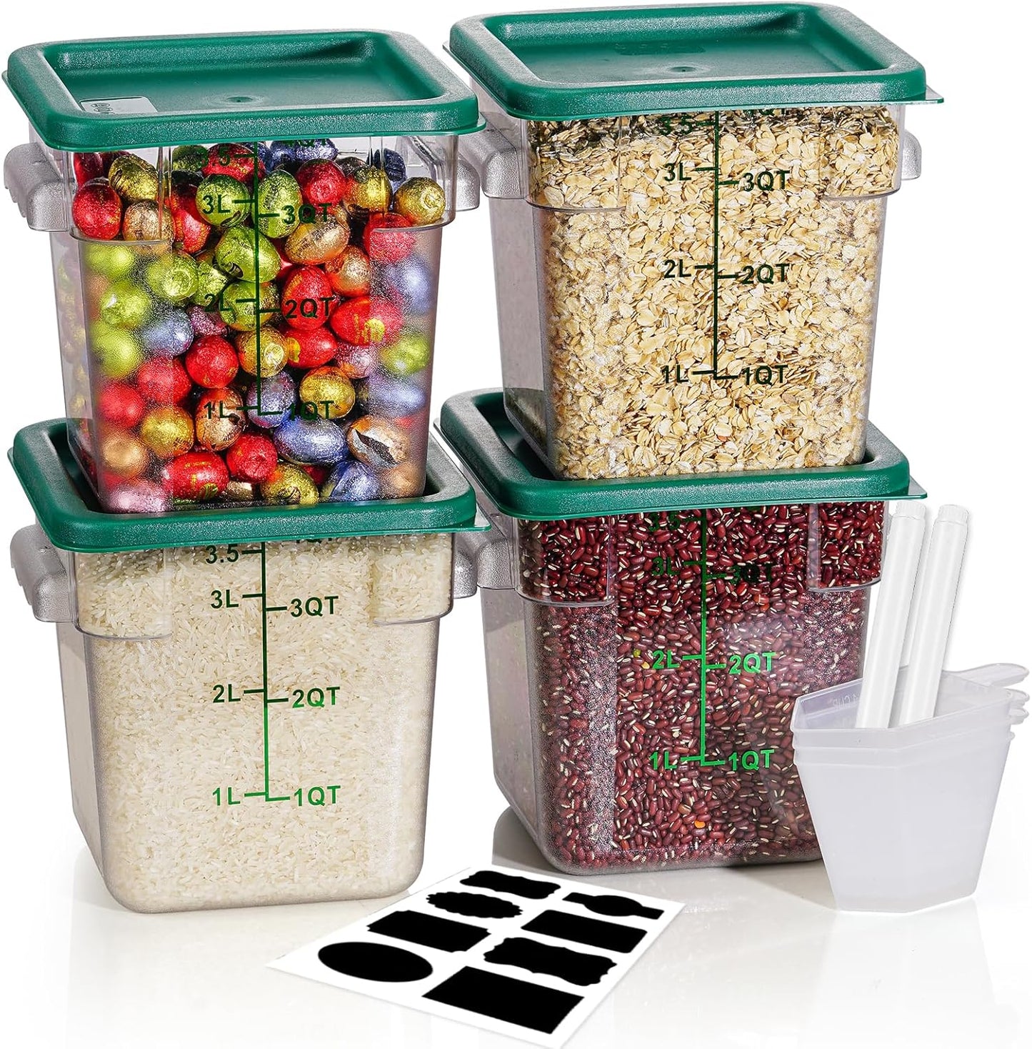 4QT NSF Food Storage Containers with Lids: 4 PCS [Total Food Grade][Hot&Cold Resistant] Commercial Clear Food Storage Containers for Restaurant Kitchen Proof Dough, Measuring Spoons Included(Green)