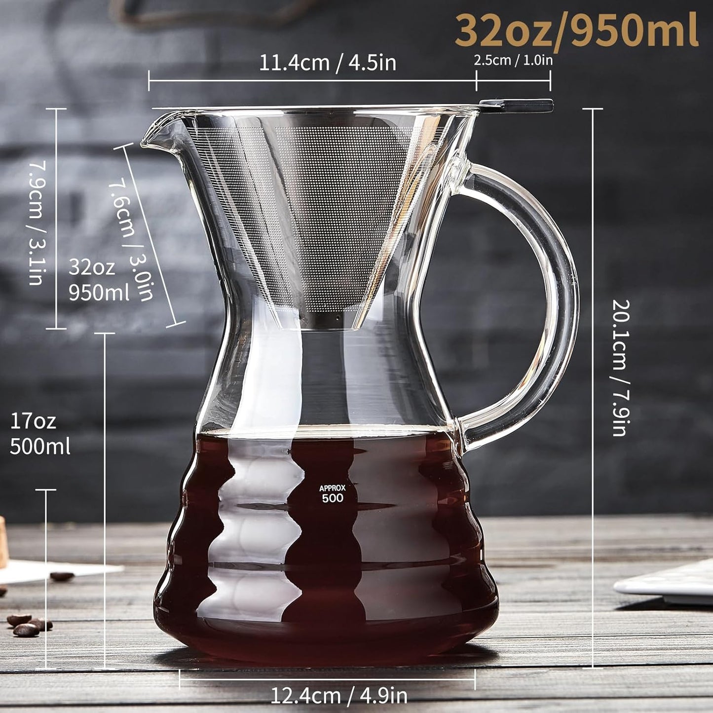 Unbreakable - Pour Over Coffee Maker with Permanent Stainless Filter 32 fl oz, Thickened Heat-Resistant Borosilicate Glass Dripper Coffee Brewer, Stovetop Safe