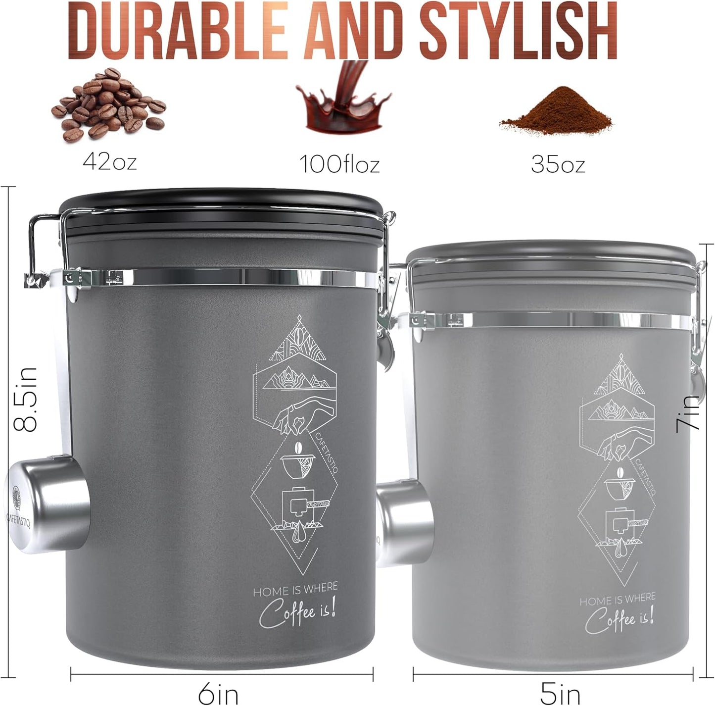Large Coffee Canister – Airtight Stainless Steel Storage Container with Date Tracker & Scoop, Sealed Jar for Grounds, Beans, Tea, Flour, Cereal, and Sugar (Gray Home, 38OZ)