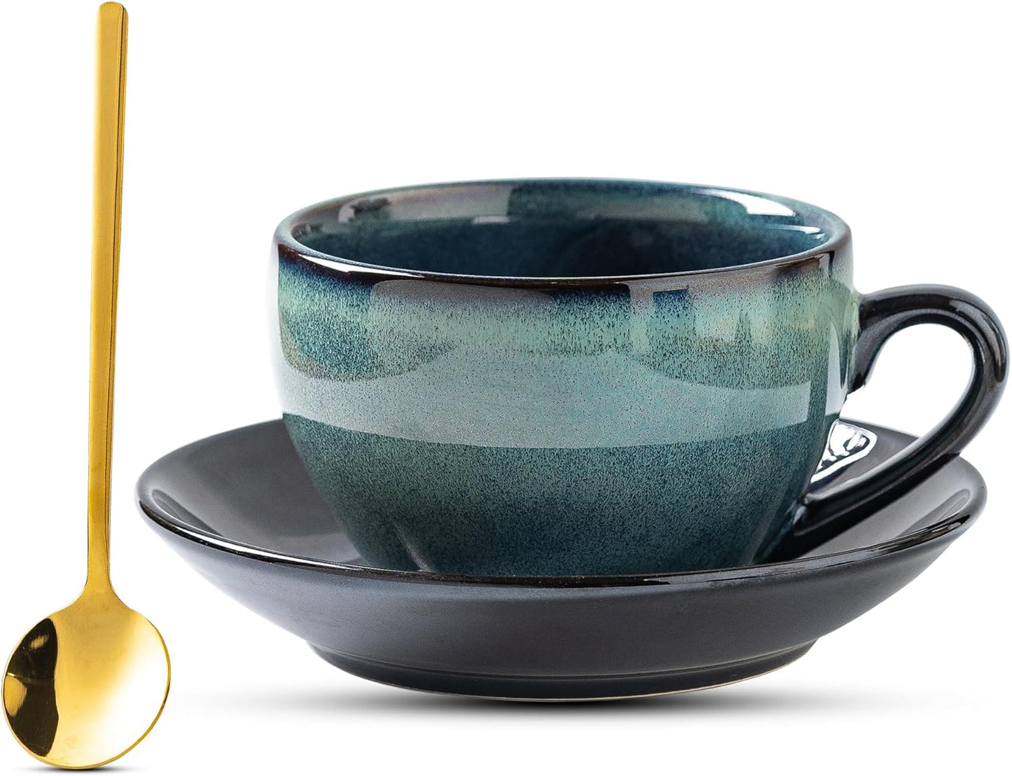 Porcelain Coffee Cup with Saucer Spoon, Vintage Design Ceramic Latte Art Cappuccino Barista Espresso Tea Cup with Saucer (11.6 oz, 350ml, Mist Green)