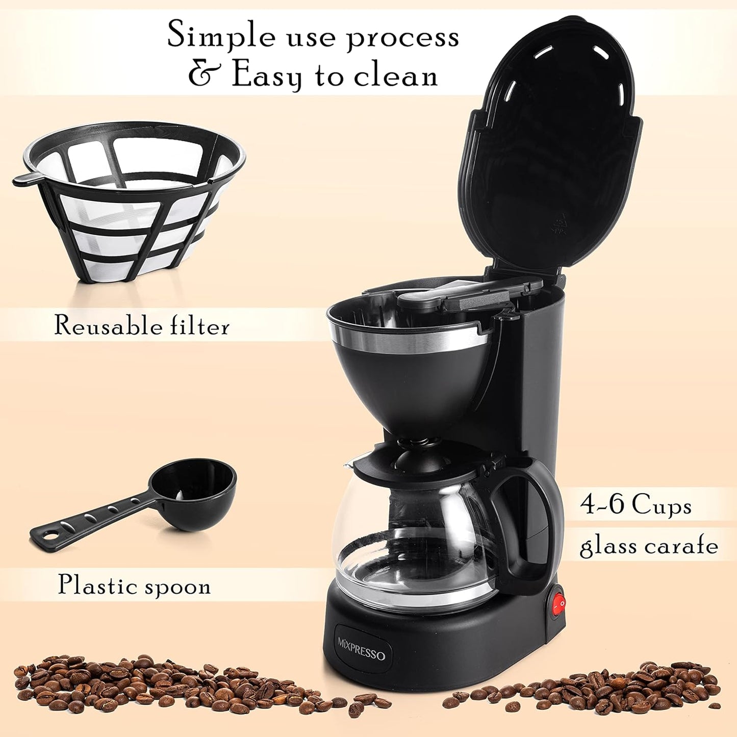 Drip Coffee Maker by Mixpresso Coffee (6 Cups), Black