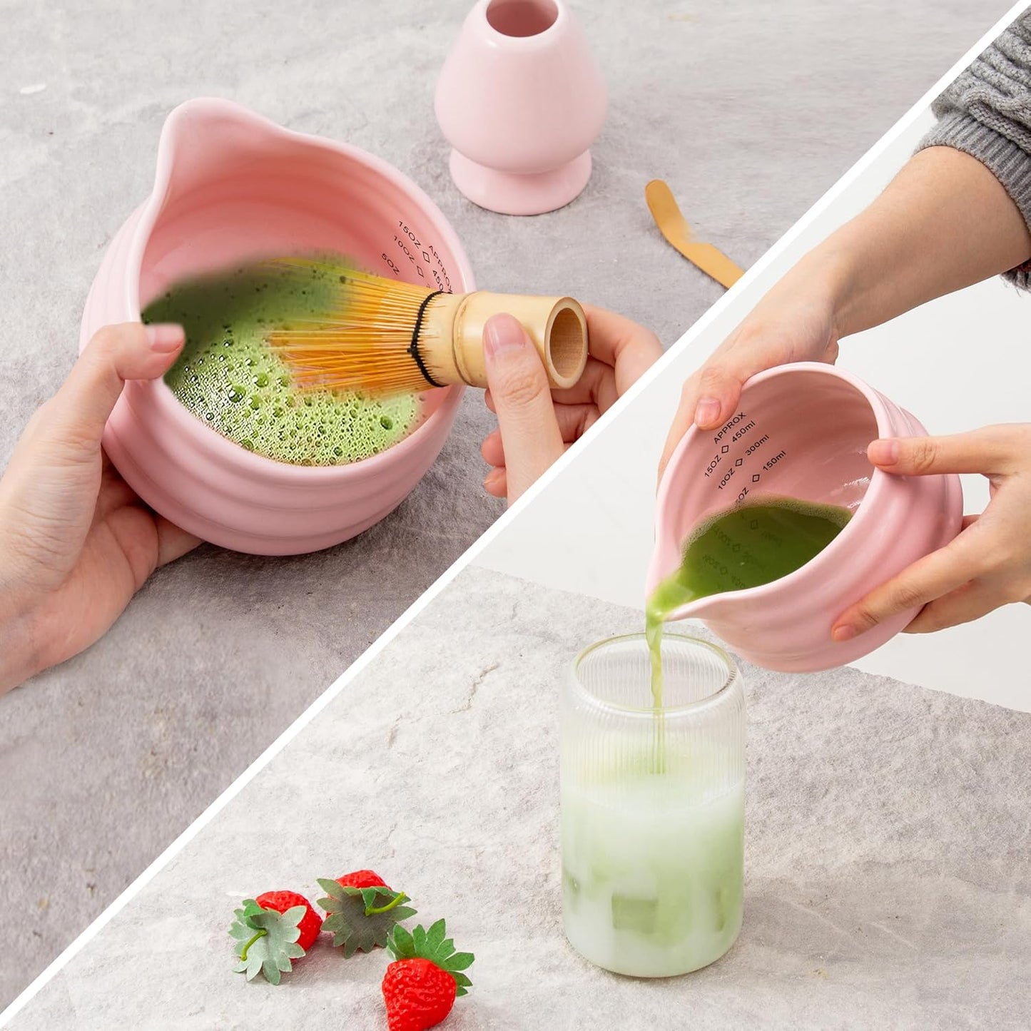 2pcs Matcha Bowl with Whisk Holder, Ceramic Pink Matcha Bowl with Spout, 16.5OZ Porcelain Bowl with Measurement Marks, Tea Mixing Bowl with Whisk Stand, Gfit for mom/daughter/girls (pink)