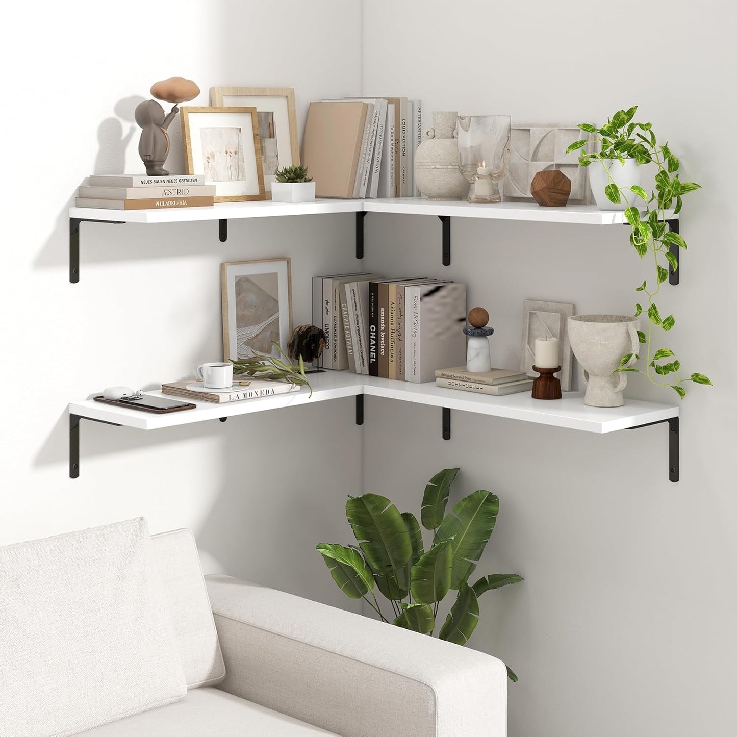 Fun Memories Deep Floating Shelves, 32W x 8D Floating Shelves Set of 2, Wall Mounted Shelf with Metal Brackets, Rustic Wood Wall Shelf for Bathroom, Kitchen and Living Room, White