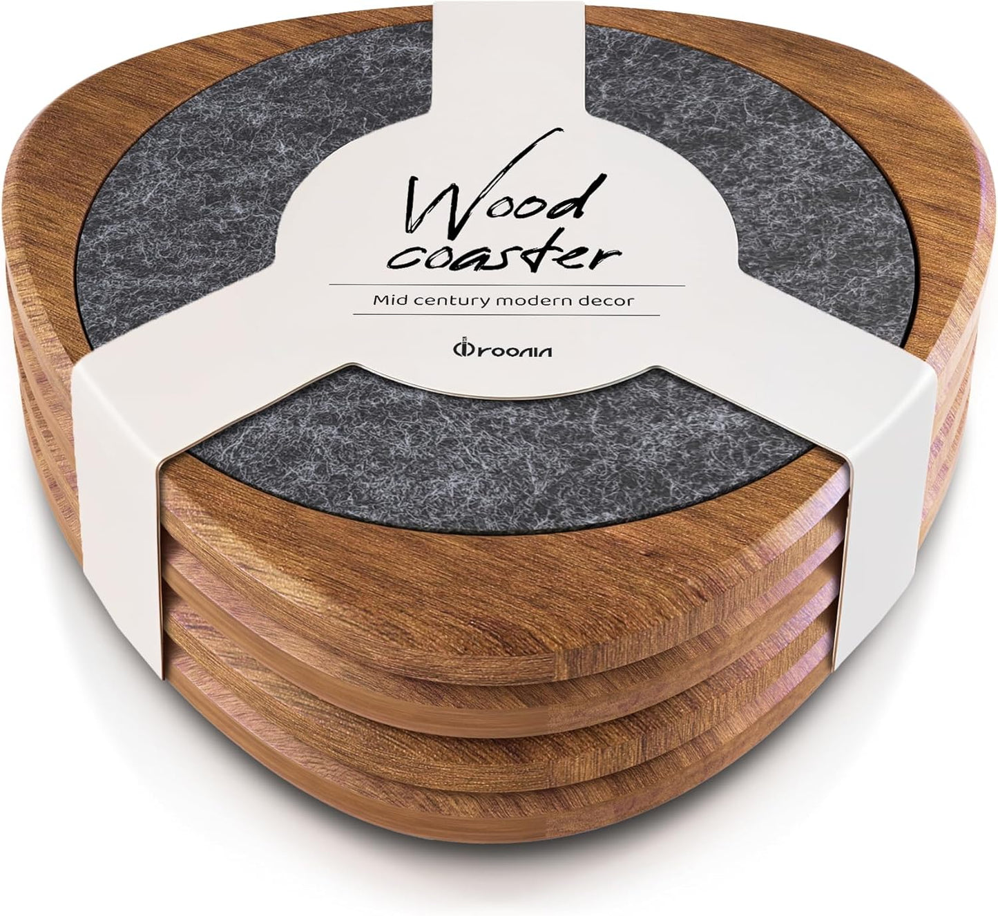 Roonin Mid Century Modern Decor Coasters Set of 4 - Absorbent Coaster - Felt Coaster MCM Decor - Midcentury Modern Wooden Coasters for Drink