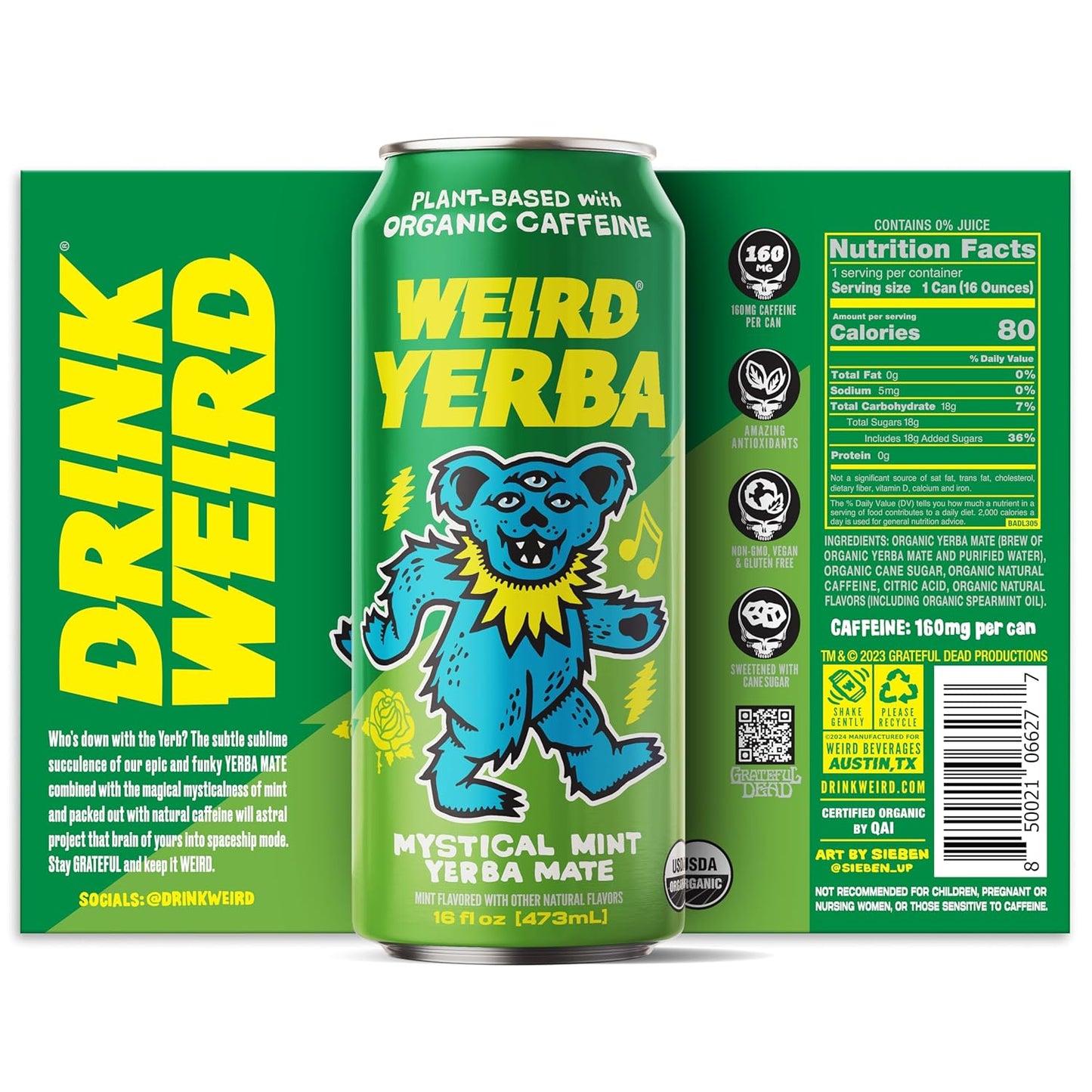 Drink Weird Organic Mystical Mint Yerba Mate – 16oz Cans, 160mg Organic Caffeine, Pack of 12 – Grateful Dead Collab, Clean Energy Drink Alternative