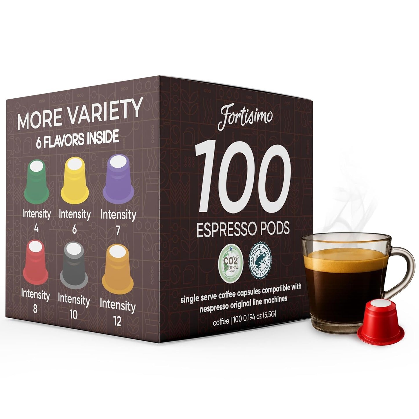 FORTISIMO Espresso Pods Variety Pack - 100 Count Espresso Capsules - Compatible with Nespresso Original Line Machines - Authentic and Refined Taste Freshly Packaged in Italy