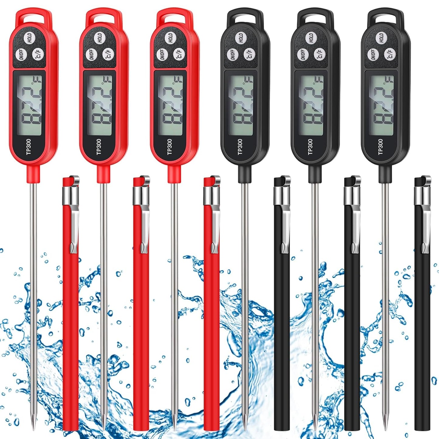 6 Pcs Meat Food Thermometer Food with Probe Water Liquid Instant Read Digital Thermometer Kitchen Cooking Supplies for Cooking BBQ Milk Yogurt (Red,Black)