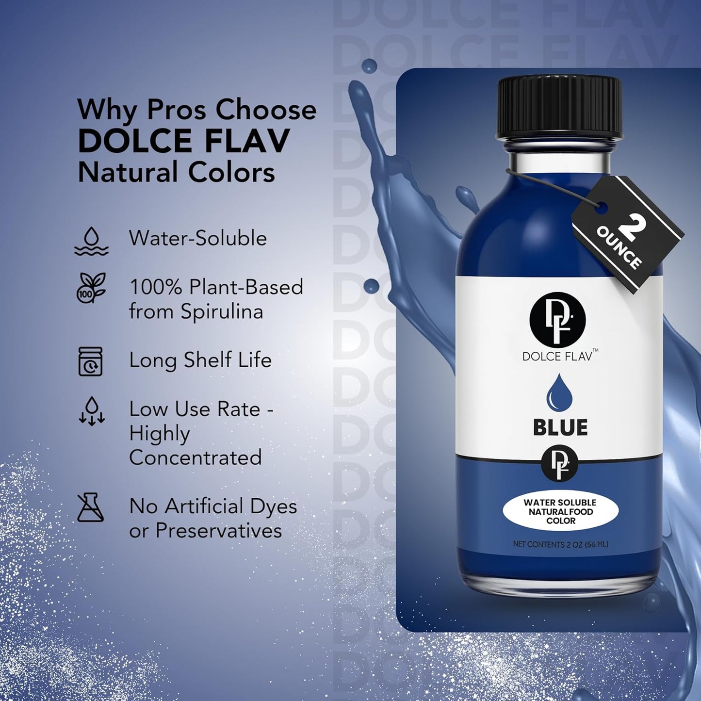 Dolce Flav Natural Blue Food Coloring – 2 oz Vibrant Plant-Based Color from Spirulina | Water-Soluble Liquid Dye for Baking, Drinks & Frostings | Graduated Dropper Included | No Artificial Dyes | Kosher | Made in USA