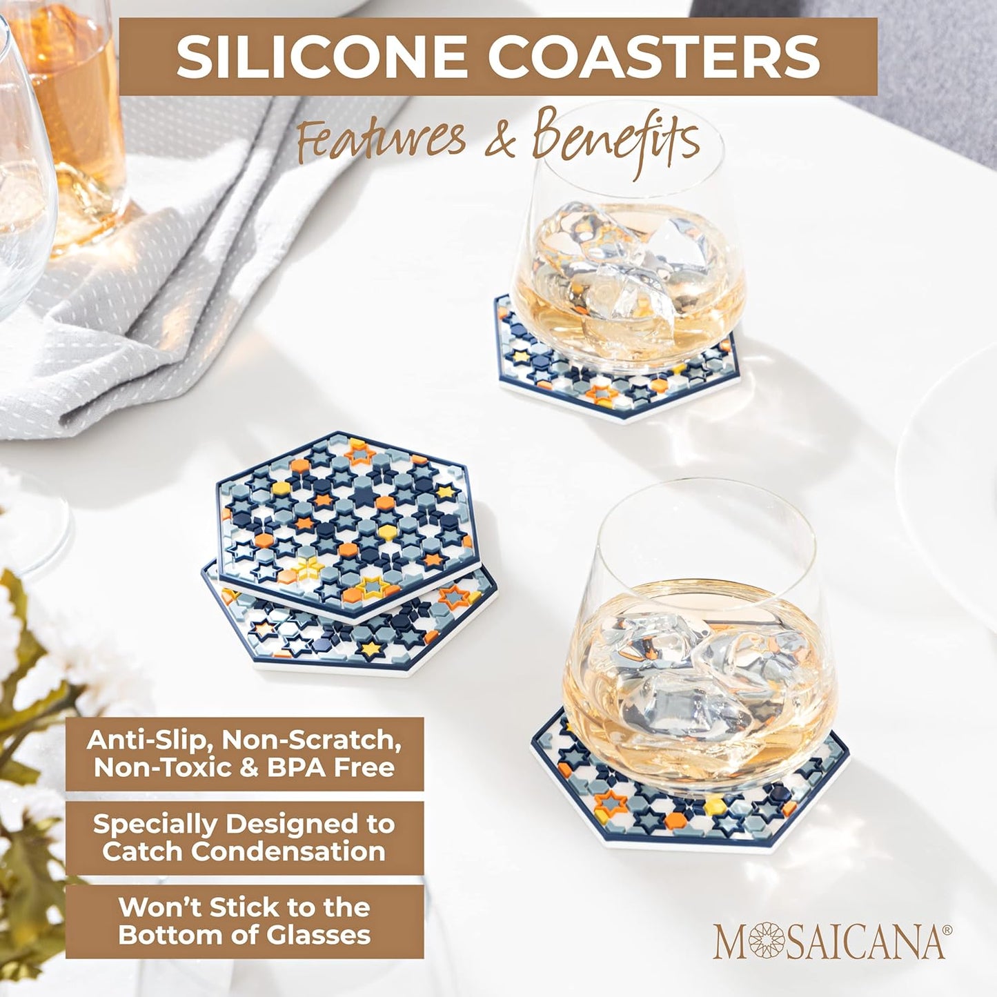 Coasters for Drinks – Set of 4 Coasters, Silicone, Protect Against Water Marks or Damage - Fit All Cups, 3.5" Inch Size Fits, Colored Coasters (Stars of Mars)