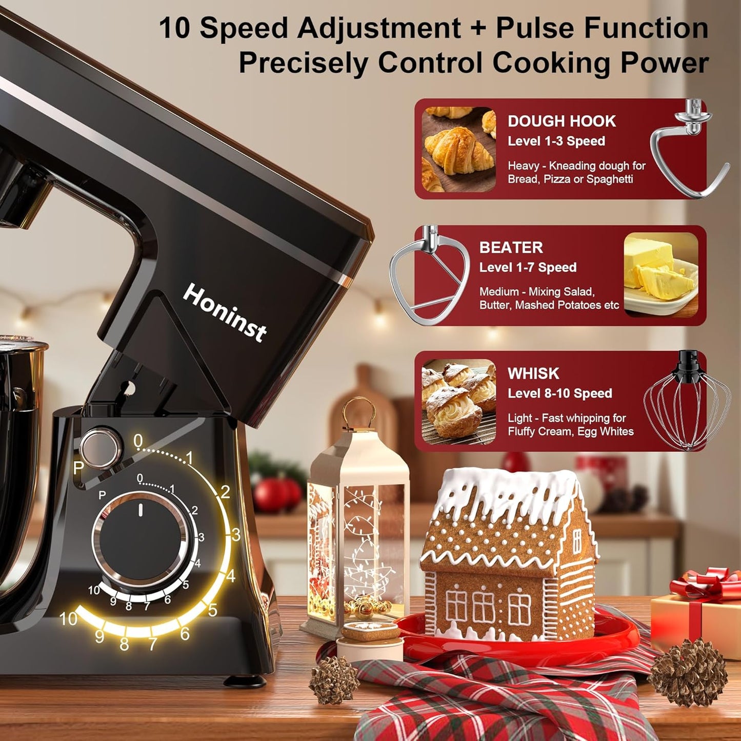 10-Speed Stand Mixer with 8-in-1 Splash Guard, Tilt-Head, 6QT Stainless Steel Bowl + Dishwasher-Safe Dough Hook/Whisk/Beater/Spatula for Baking Bread, Cakes, Cookies, Black