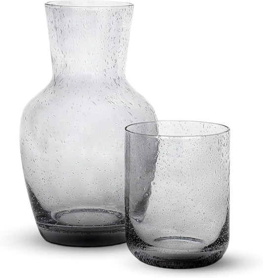 Bruno Magli Bubble Carafe | 2-Pc Set | Drinking Glass Tumbler Doubles as a Lid | Water Pitcher with Matching Cup for Office, Nightstand, Home, & Guest Room Décor | Gift Boxed | 28-Oz (Gray)