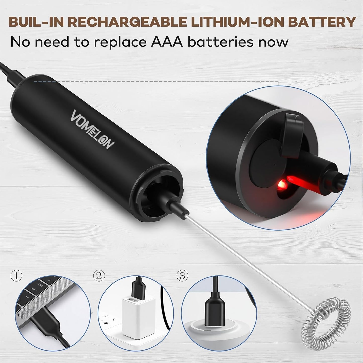 Rechargeable Milk Frother Handheld Electric Frother Wand Milk Foamer Drink Mixer for Coffee, Lattes, Cappuccino, and Egg, Stainless Steel for Travel-Black