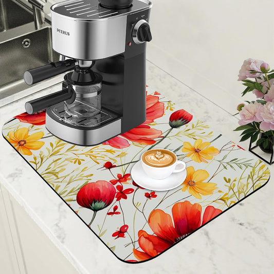 Red and Yellow Flowers Coffee Mat Absorbent Dish Drying Mat for Kitchen Counter Hide Stain Rubber Backed Coffee Bar Accessories Fit Under Espresso Machine, 11.8 x 19.7 Inch
