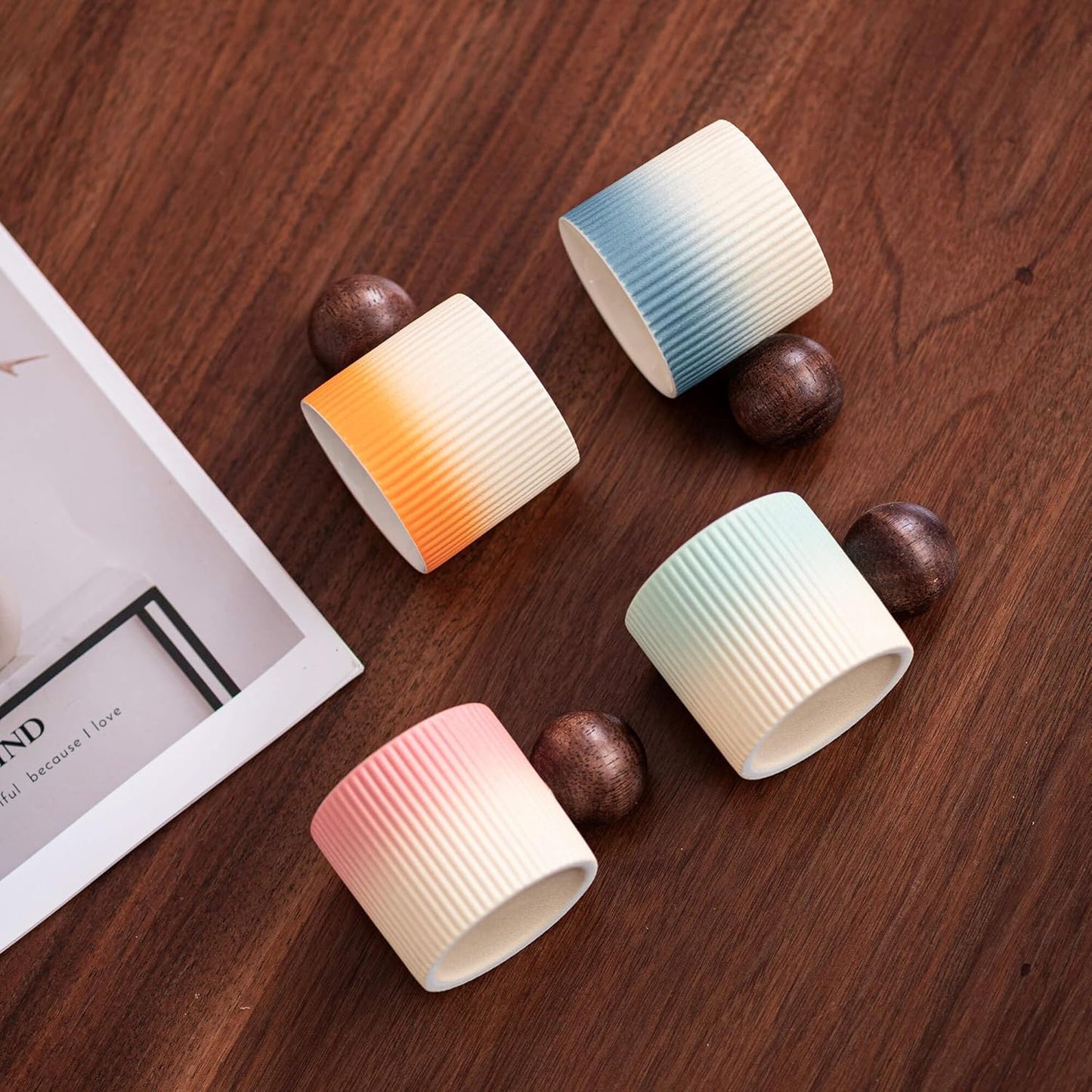 Ceramic Mini Espresso Cups Demitasse Cups with Round Wooden Handle Vertical Stripes Tea Cups (Beige&Green, 2pcs)