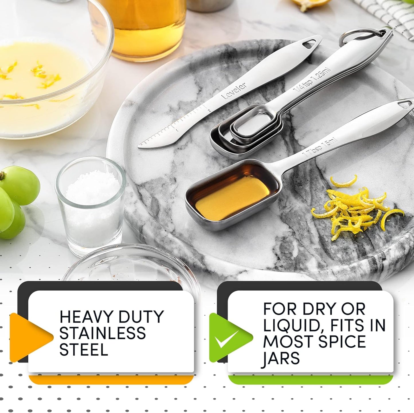 Spring Chef Stainless Steel Measuring Spoons Set of 6 with Leveler, Rectangular Metal Teaspoon & Tablespoon Measuring Spoons for Dry & Liquid Ingredients - Nesting Kitchen Gadgets For Baking & Cooking