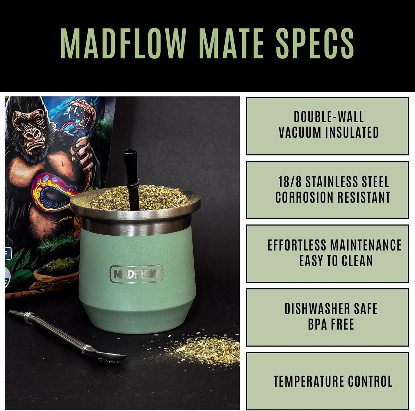 MADFLOW Yerba Mate Cup. Stainless Steel Mate Cup with 2 Bombillas. Double Wall Vacuum Insulated Yerba Mate Gourd. Unique Gourd And Bombilla Set