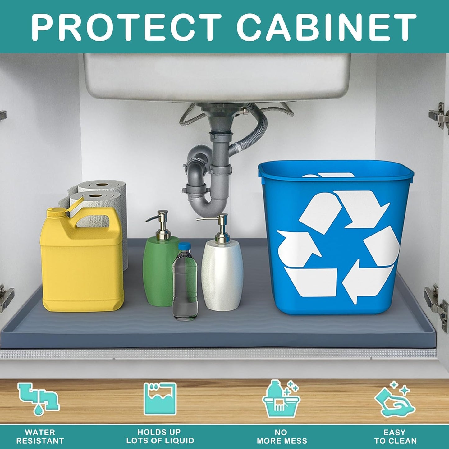 URMONA Waterproof Silicone Under Sink Mat 22'' x 14'' Shelf Liner for Kitchen and Bathroom, Cabinet and Counter Protector, Storage and Organizers, Litter Mat, Pet Cat Puppy Essentials(Dark Grey)