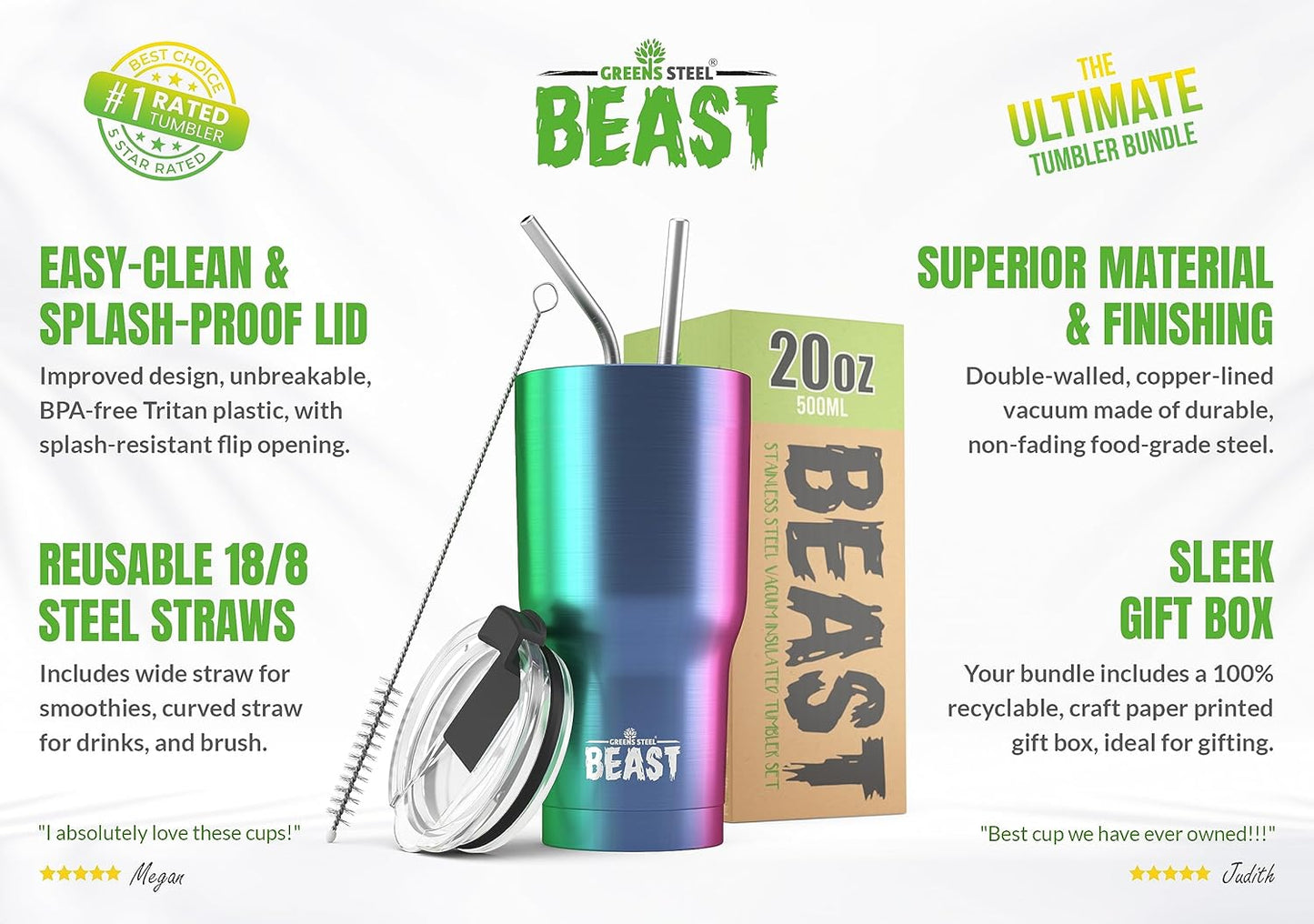 Beast 20 oz Tumbler Stainless Steel Vacuum Insulated Coffee Ice Cup Double Wall Travel Flask (Rainbow)