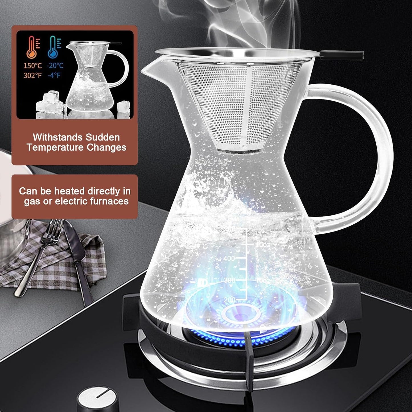 500ML(16.9oz) Glass Pour Over Coffee Maker with Double Stainless Filte - 4 Cup (Approx Refers to 4 oz. Per Cup) Thickened Heat-Resistant Paperless Pour Over Coffee Dripper Perfect Extraction for Home
