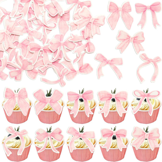 Gyufise 50Pcs Edible Pink Bowknot Cupcake Toppers Wafer Paper Bowknot Cake Dessert Picks Drink Topper Baby Shower Princess Cupcake Toppers for Birthday Party Decoration Supplies
