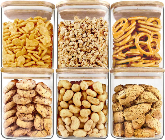 Urban Green Glass Jars with Bamboo Lids, Square Glass Jar with airtight lids, 6 pack of 28oz, Food Storage Containers with bamboo lids, Panty Jars