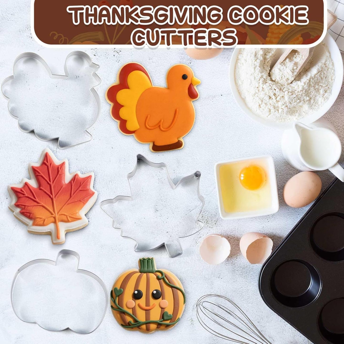 3 Pcs Large Thanksgiving Cookie Cutters Set 8 Inch Extra Large Pumpkin Maple Leaves Turkey Shapes Stainless Steel Metal Cookie Cutters Molds for Thanksgiving Baking Party Kitchen Accessories