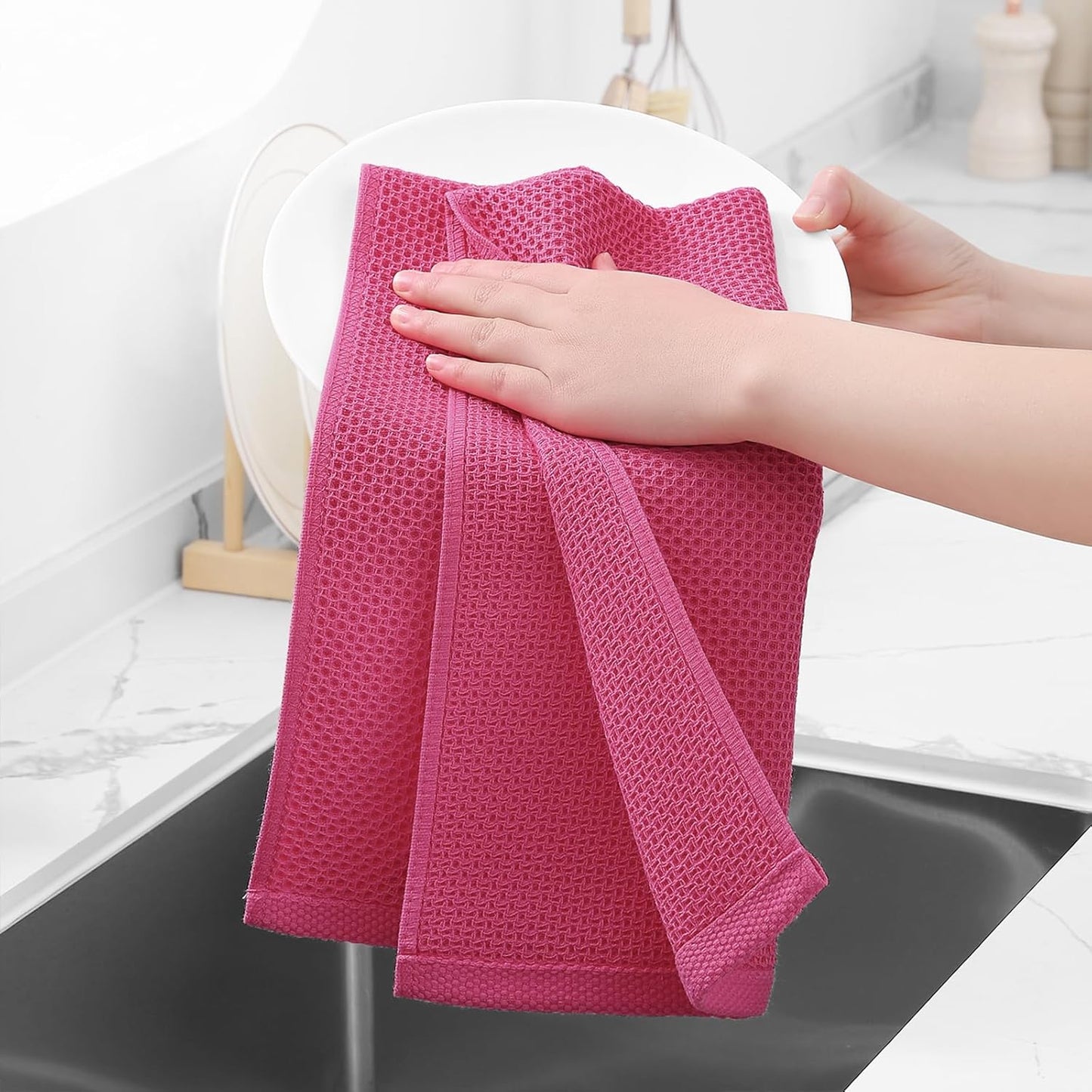Homaxy 100% Cotton Waffle Weave Kitchen Dish Towels, Ultra Soft Absorbent Quick Drying Cleaning Towel, 13 x 28 Inches, 6-Pack, Hot Pink