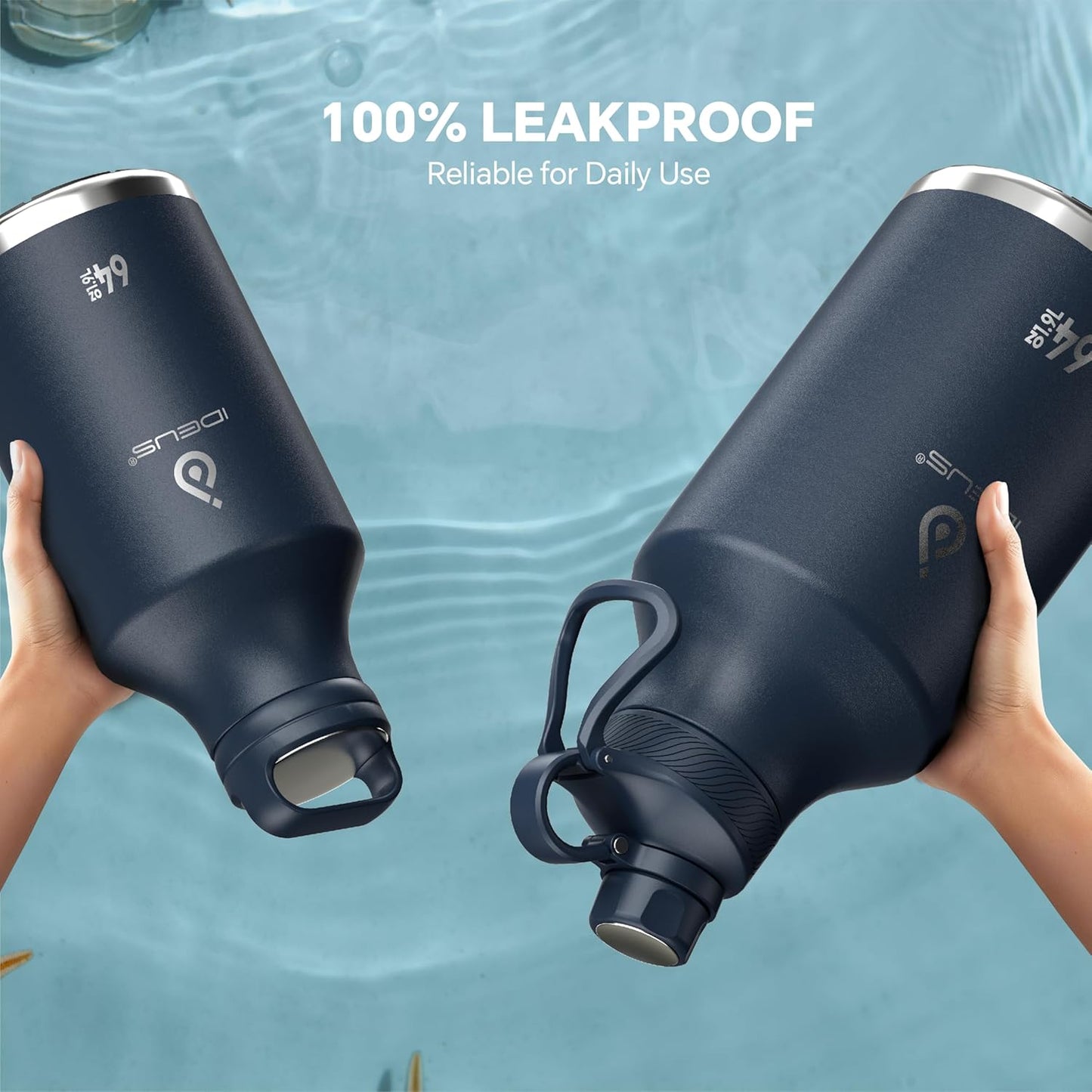 IDEUS Insulated Stainless Steel Water Bottle with 2 Leak-Proof Lids, Thermal Water Flask for Hiking Biking, 64oz, Navy Blue