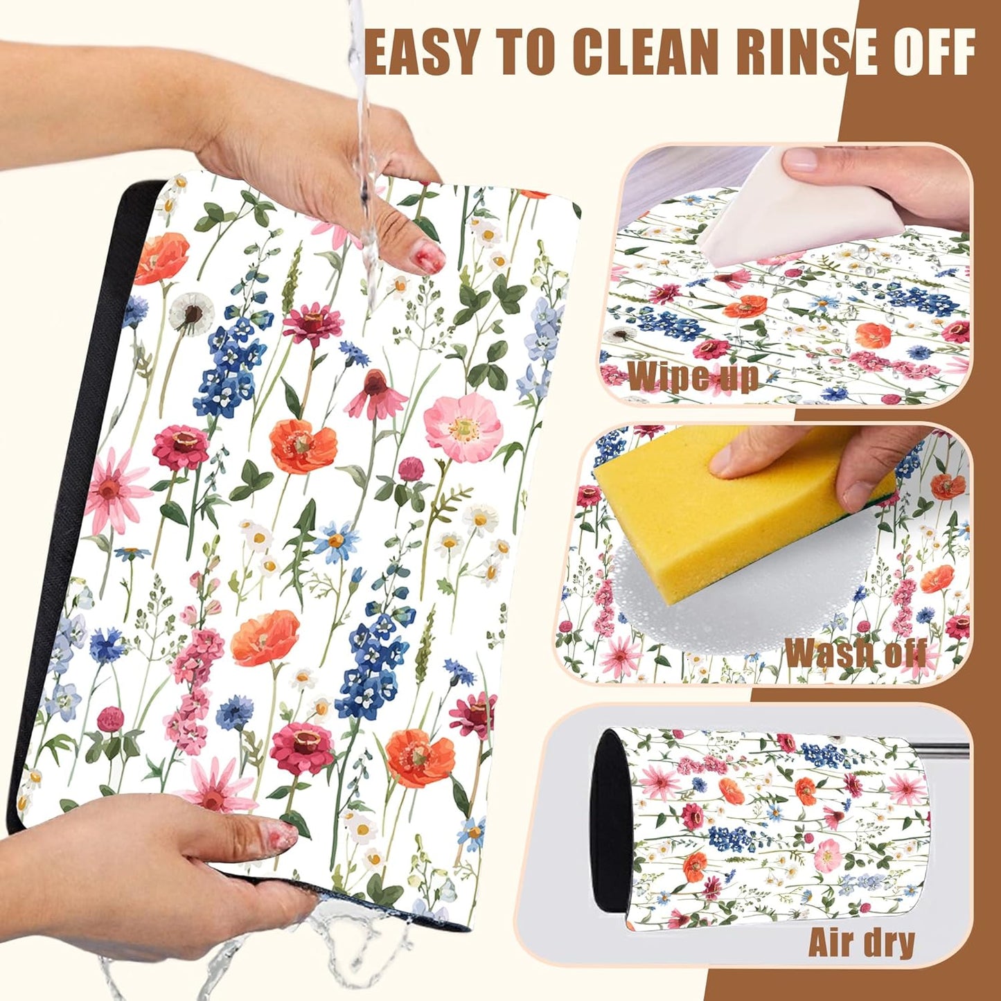 Watercolor Flowers Coffee Mat Absorbent Dish Drying Mat for Kitchen Counter Hide Stain Rubber Backed Coffee Bar Accessories Fit Under Espresso Machine Dish Rack 15.7 x 23.6 Inch