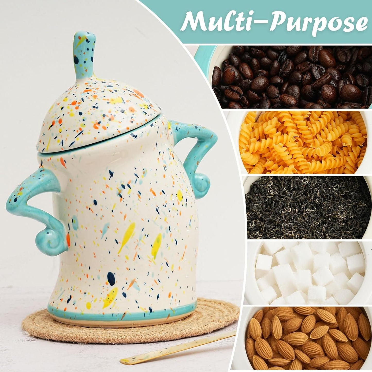 Canister With Attitude,Large Capacity Cute Sassy Storage Canister,Interesting food jars, stylish airtight large ceramic lids, coffee, tea, sugar and spice storage jars with spoons (Cyan)