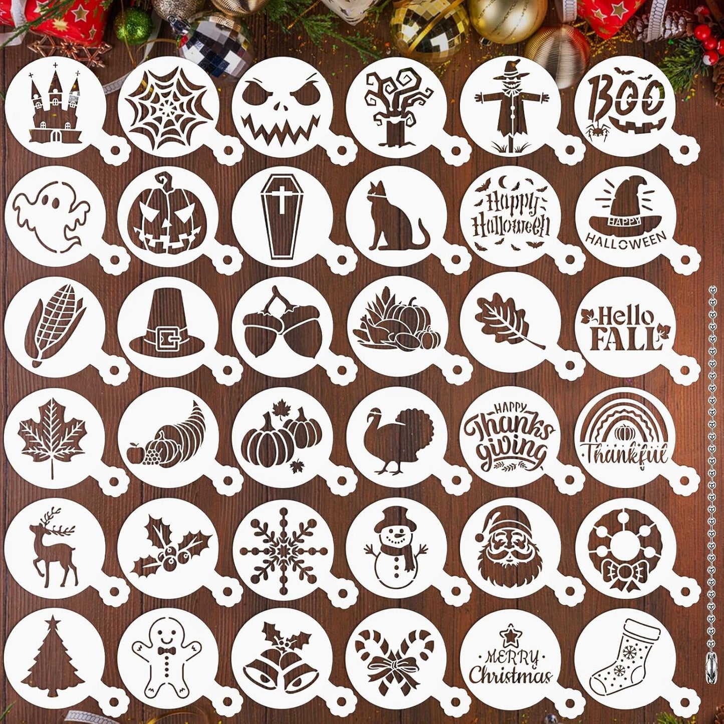 JULBEAR 36 Pieces Reusable Cookie Cake Stencils, Templates Mold Tools for Christmas Halloween Thanksgiving Cookies Baking Painting Dessert Coffee DIY Party Decoration