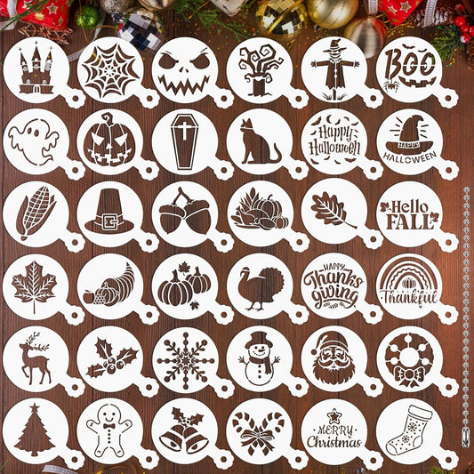 JULBEAR 36 Pieces Reusable Cookie Cake Stencils, Templates Mold Tools for Christmas Halloween Thanksgiving Cookies Baking Painting Dessert Coffee DIY Party Decoration