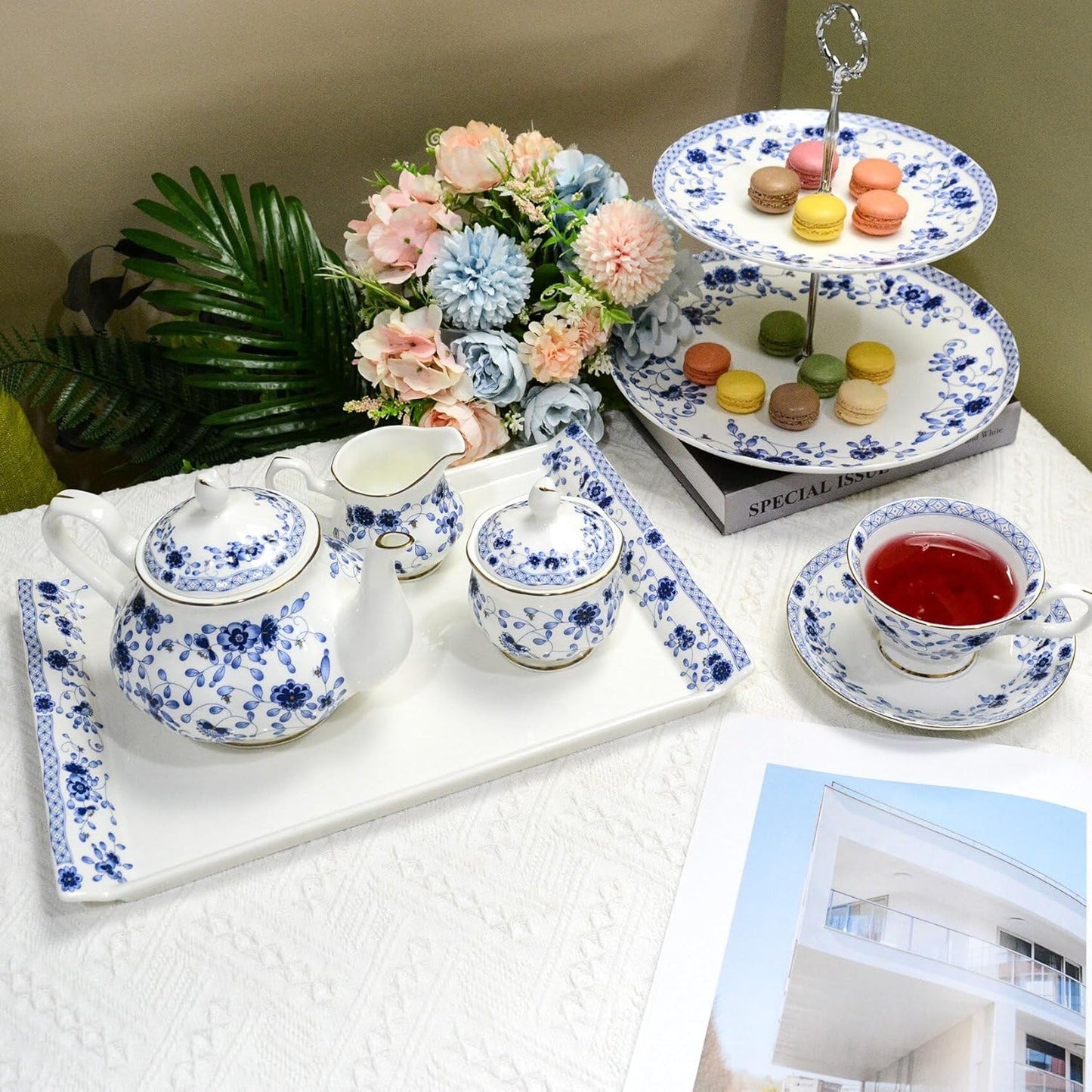 Bone China Tea Set with 2-Tier Afternoon Tea Stand and Serving Trays