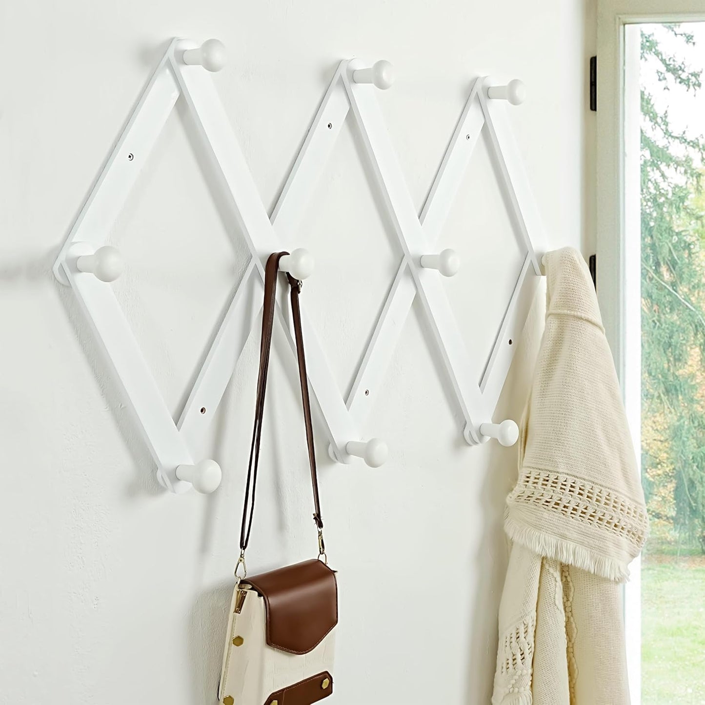 Dseap Expandable Coat Rack (Larger Version) - 24” High, Anti-Slip, Ultra Heavy Duty Wooden Accordian Wall Hanger with 10 Study Peg Hooks for Clothing Hats Jackets Bags, White