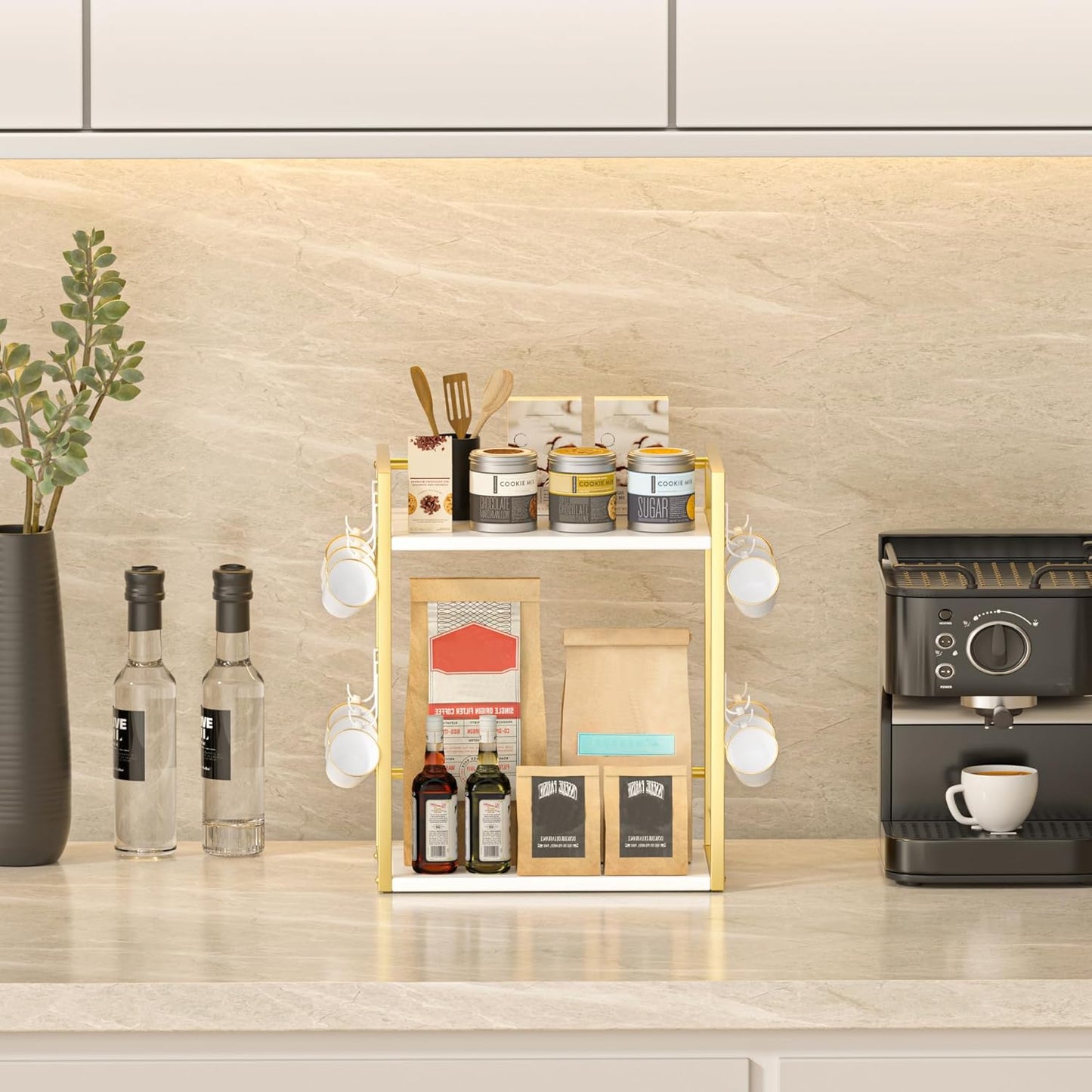 Dorhors 2 Tier Coffee Bar Accessories and Organizer,Multi-functional Mug Holder with 12 Hooks,Wood Coffee Station Organizer,Kitchen Countertop Shelf (Gold + White)