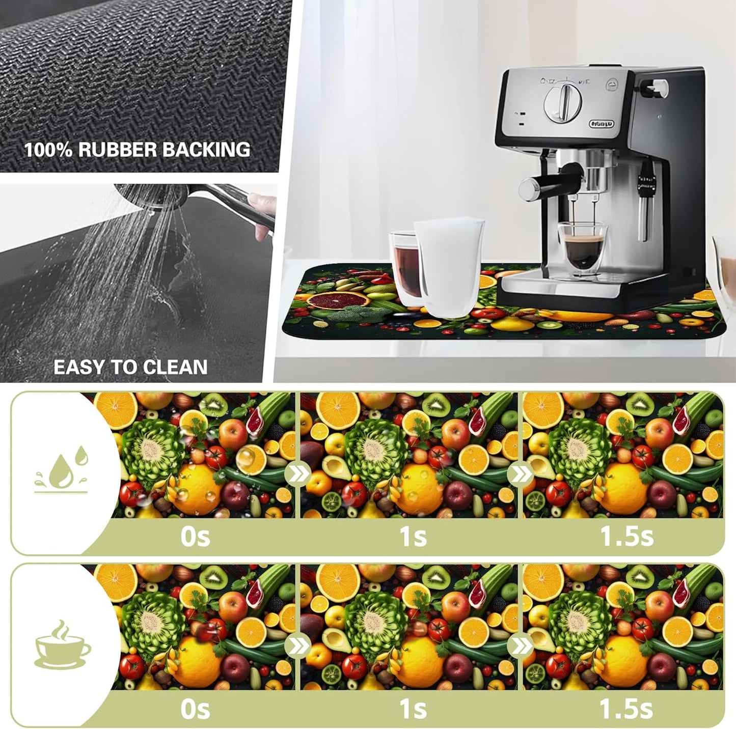 Kitchen Mat Fruits Vegetables Dish Drying Mat 16"x24" Bsorbent Coffee Maker Mat for Sink Dishes or Under Rack Kitchen Counter Accessories Absorbent Hide Stain Rubber Backed Dish Drying Pad