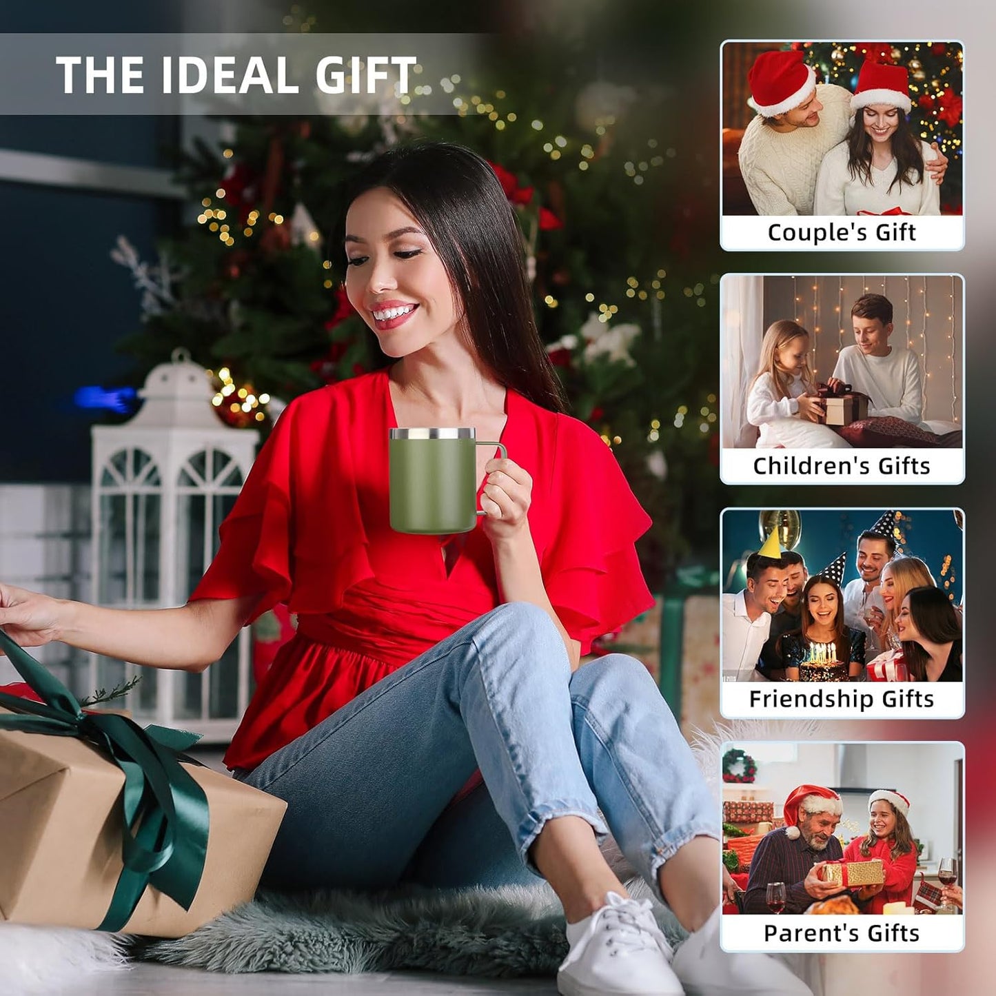 Volhoply 14oz Insulated Stainless Steel Coffee Mug with Lid Bulk 2 Pack,Double Wall Vacuum Travel Coffee Cup with Handle,Reusable Cups Tumbler,Camping Mugs Keep Hot,Ideal Gifts(Army Green,2)