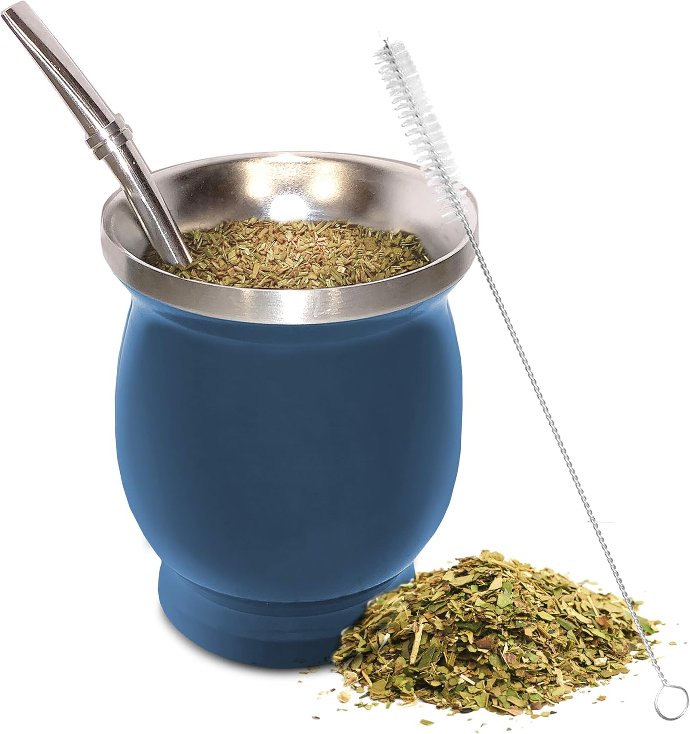 Norte Yerba Mate Cup Kit, 8-Ounces Traditional Mate Tea Cup/Gourd Set | Includes 2 Bombillas (Yerba Mate Straw) & Cleaning Brush, Stainless Steel Cup, Double-Walled, Easy to Clean | Blue