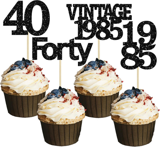 Gyufise 24Pcs Vintage 1985 Cupcake Toppers Glitter Cheers to 40 Fabulous Forty Cupcake Picks 40th Birthday Wedding Anniversary Party Cake Decorations Supplies Black