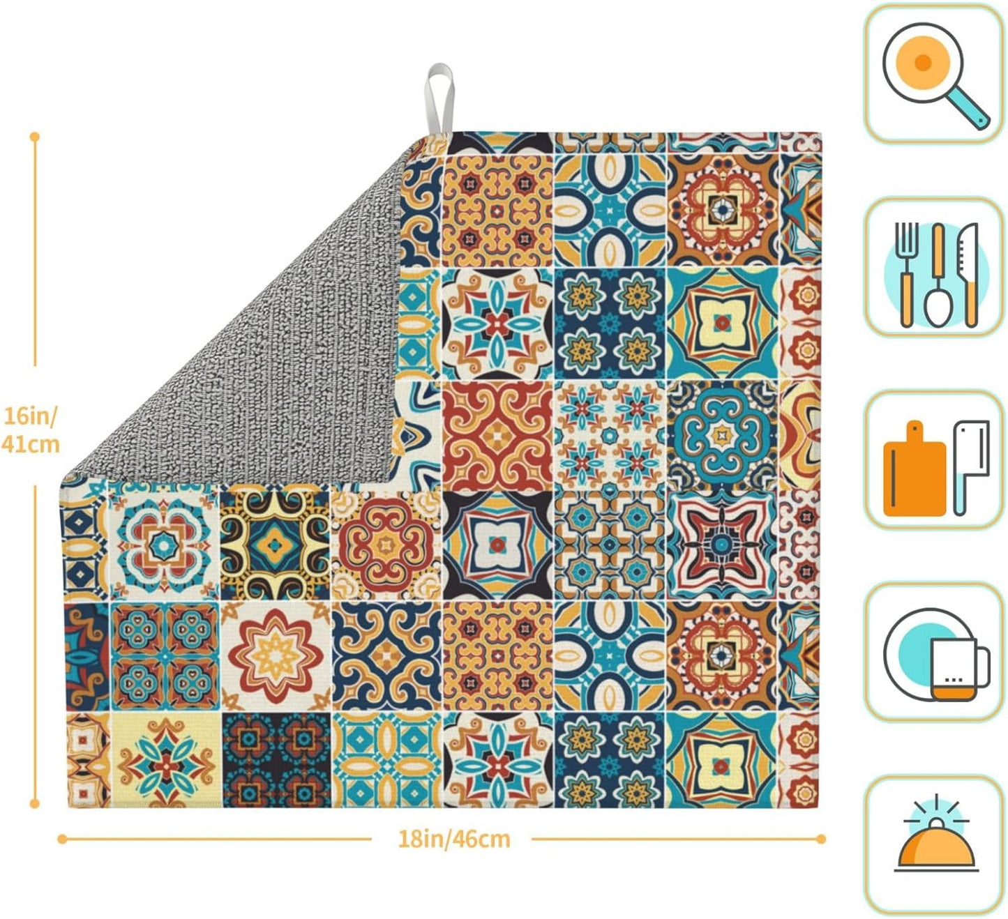 Traditional Multicolor Ornate Dish Drying Mat, Highly Absorbent Microfiber Kitchen Counter Pad Reusable Washable, 16*18"