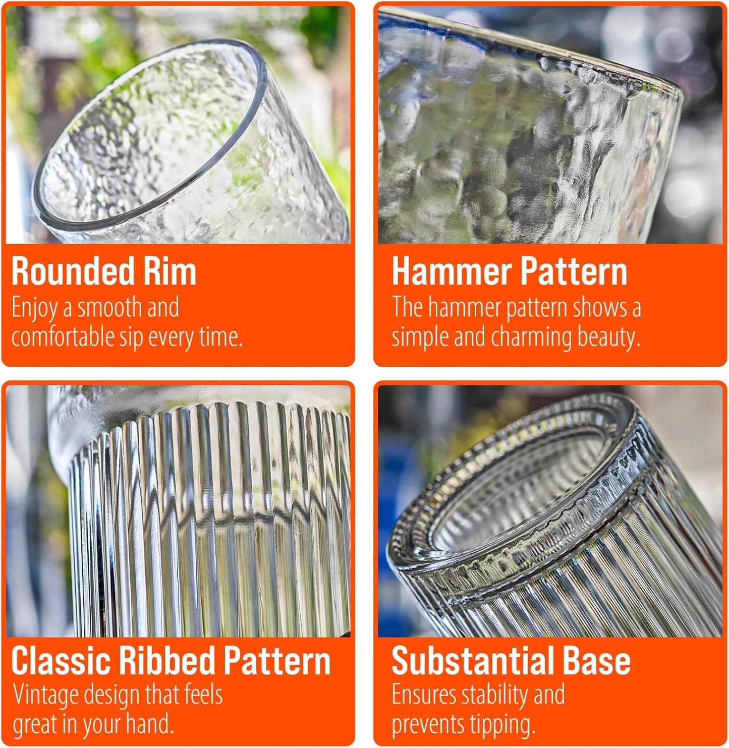 20oz Glass Tumblers with Lids and Straws - Stylish Vintage Ribbed Design for Iced Coffee, Juice, Smoothies, Milkshakes, Cold Beverages & Whiskey Cocktail Beer - Includes Cleaning Brush (2pack-Frosted)